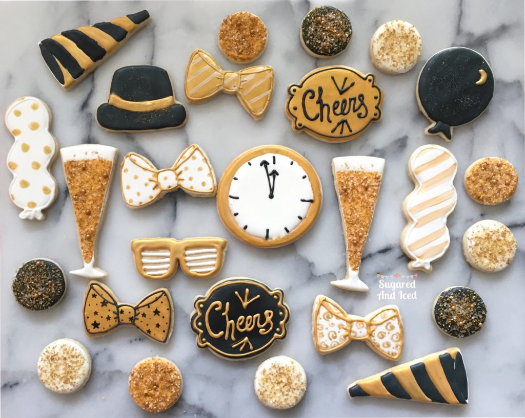 New Years Party Sugar Cookies, Black and Gold | SugaredAndIced.com